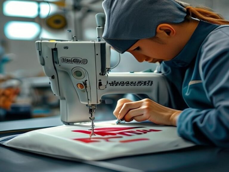Close up of embroidery machine stitching a custom club logo onto a piece of football gear.