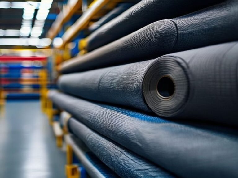 Stacks of performance polyester fabric rolls used for manufacturing team sports accessories in a clean factory environment.
