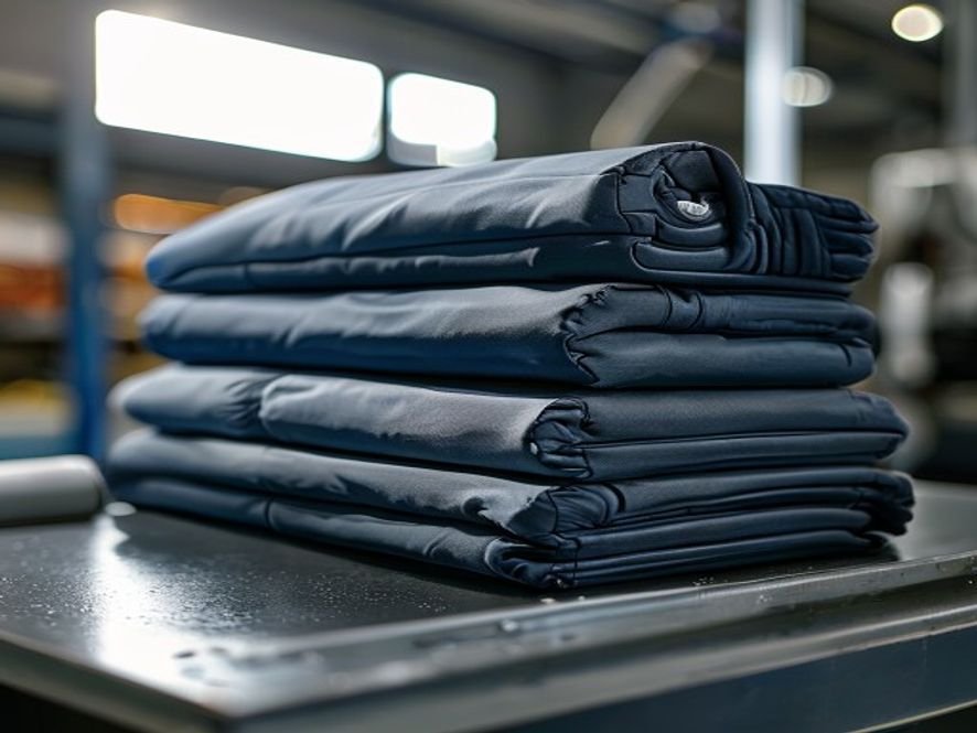 Organized stacks of team training vests ready for final inspection and packing