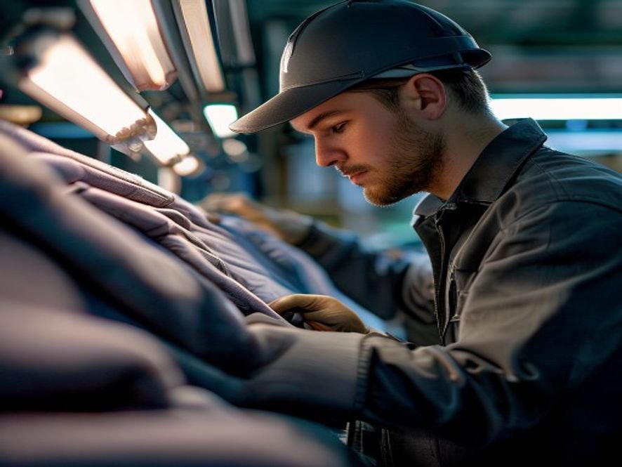 Factory worker performing quality control inspection on sports fabric at a bright workstation.