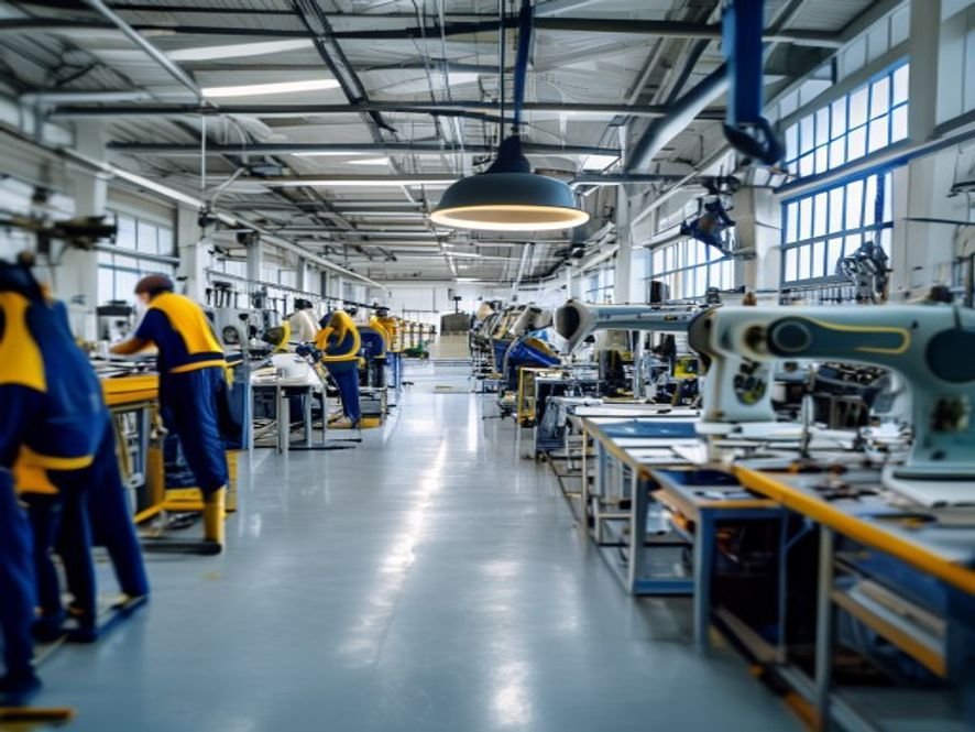 The Benjima sewing floor showing industrial stitching machines and garment production workflow.