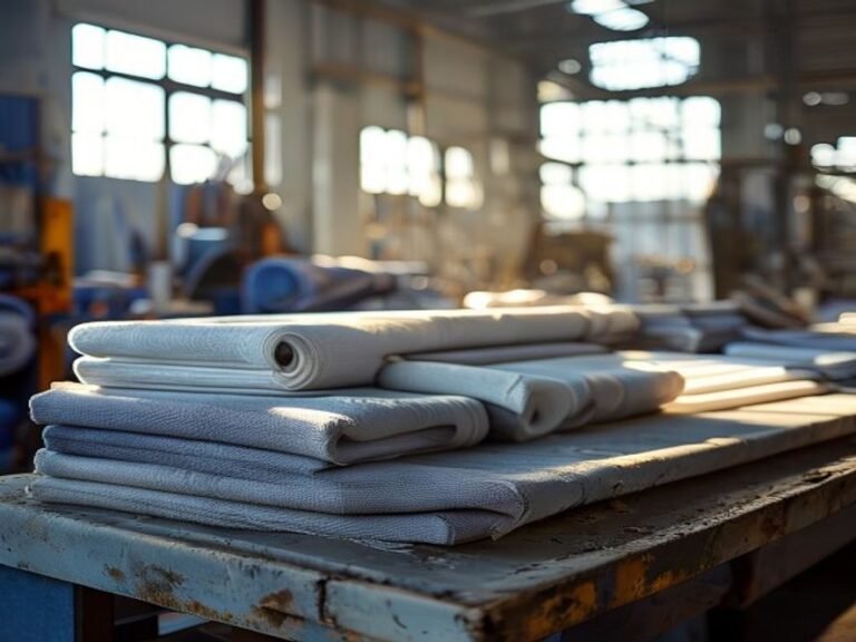 Fabric bolts and cutting equipment inside the Benjima production facility in Sialkot.