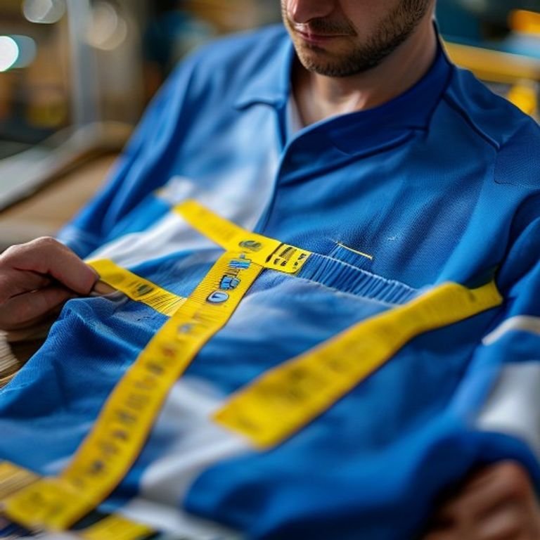 Quality control inspection of a sublimated custom soccer jersey being measured for size accuracy in our factory