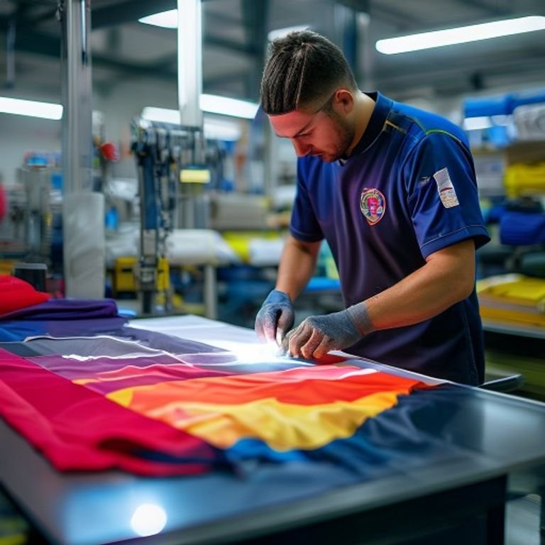 Sublimation printing stage for custom soccer kits inside the Benjima factory in Sialkot, Pakistan.