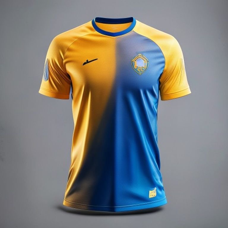 Blue and gold sublimated soccer kit displaying chest logo details.