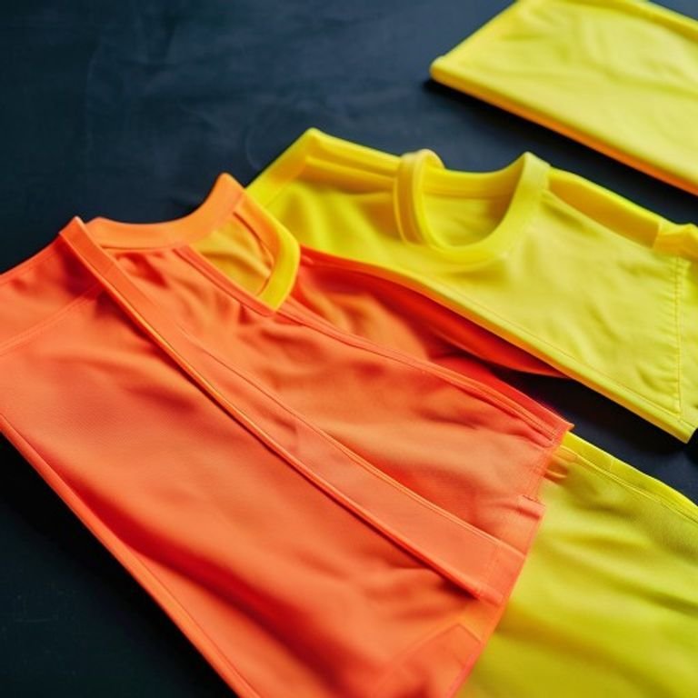 Neon training bibs laid out showing durable side seams.