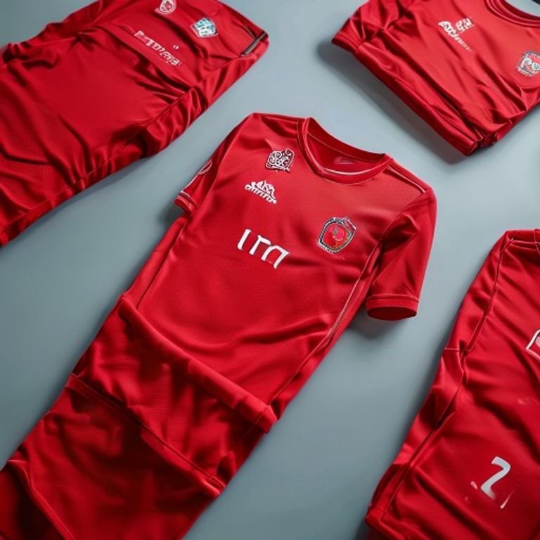 Red custom soccer team uniform flat lay with sponsor print.