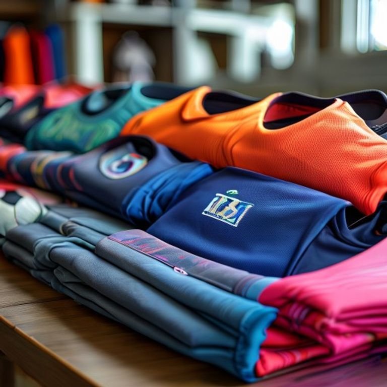Vibrant folded custom soccer jerseys with neck labels.