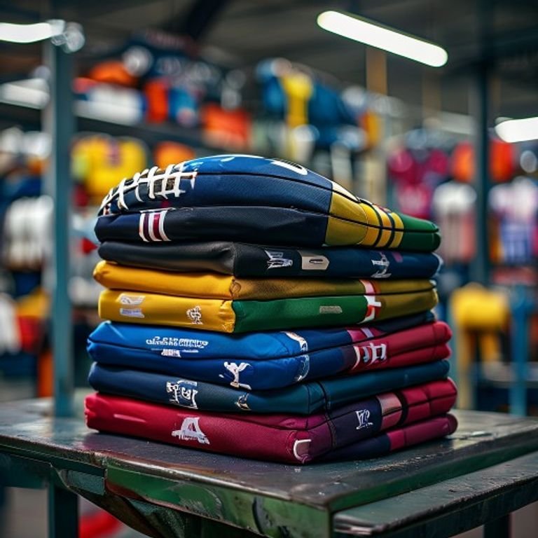 Assorted custom football kits stacked neatly in the factory.