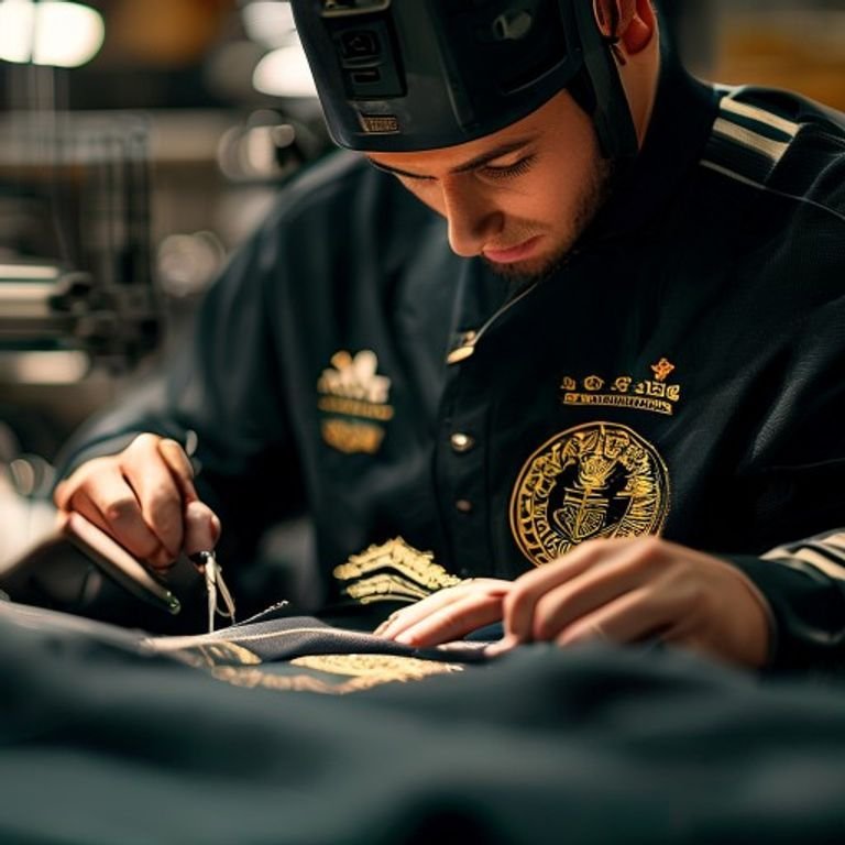 Embroidery machine stitching a gold club crest on a jersey.