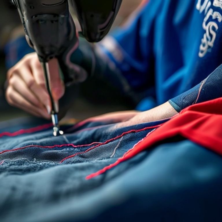 Industrial sewing machine stitching sleeves for sublimated kits.