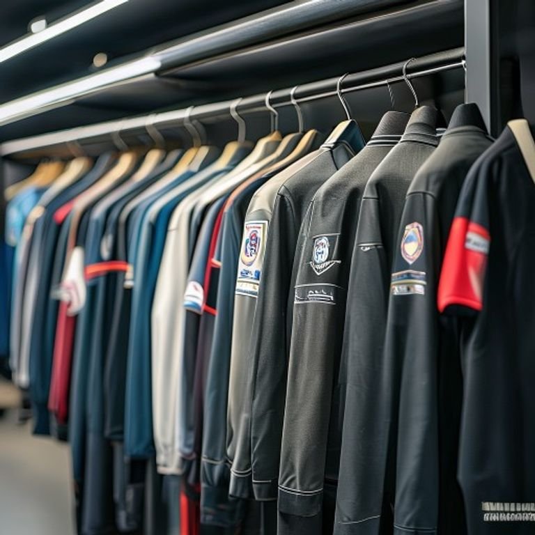 Custom soccer team apparel hanging on a display rack.