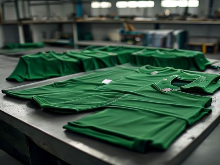 Custom football jerseys and shorts arranged on a factory table
