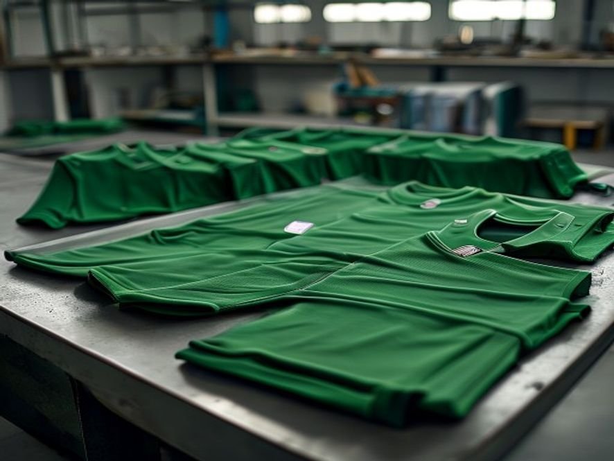 Custom football jerseys and shorts arranged on a factory table