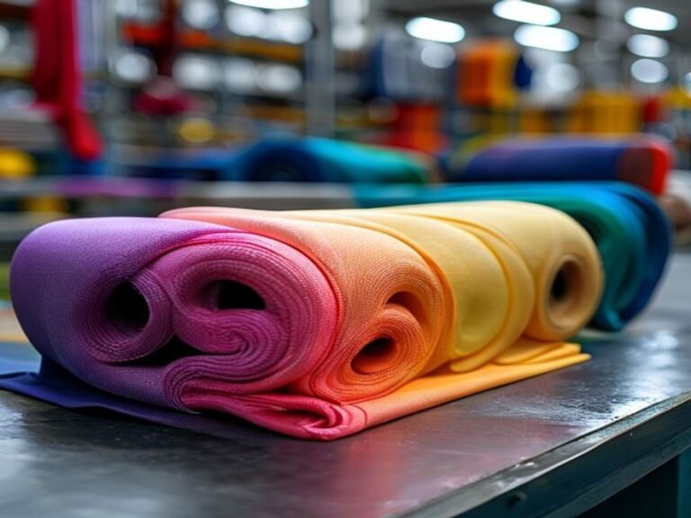 Different weights of dyed polyester fabrics stored on cutting tables inside a modern clothing factory.