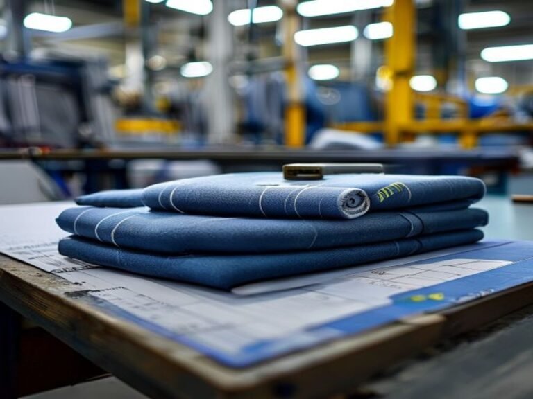 Stacked athletic fabric panels and production documentation on a factory cutting table.