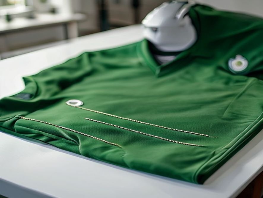 Quality control inspector examining seam strength on a custom football jersey