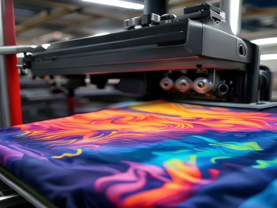 Industrial heat press sublimation machine processing custom football jersey fabric in a textile factory
