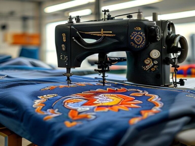 Industrial embroidery machine at work
