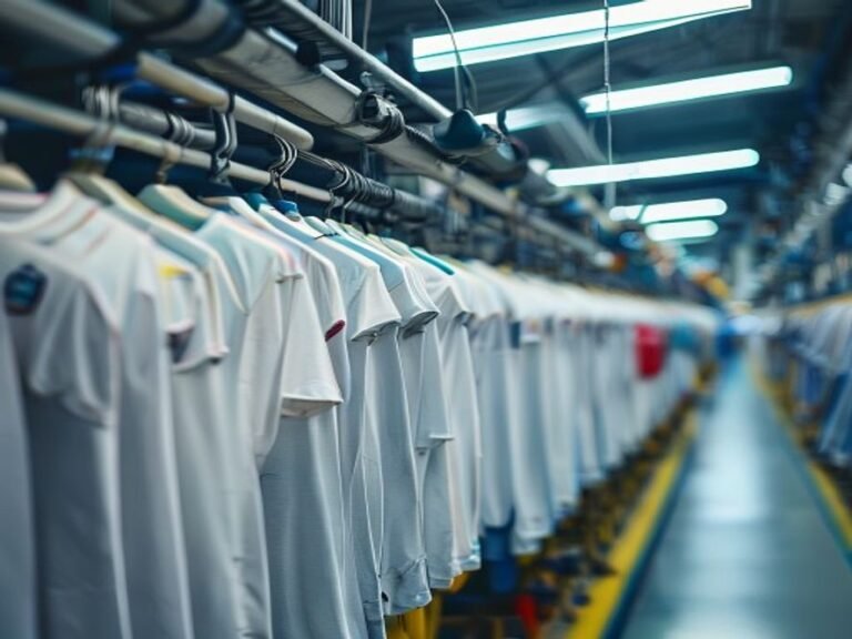 Sublimated football jerseys hanging on an assembly line inside a garment factory