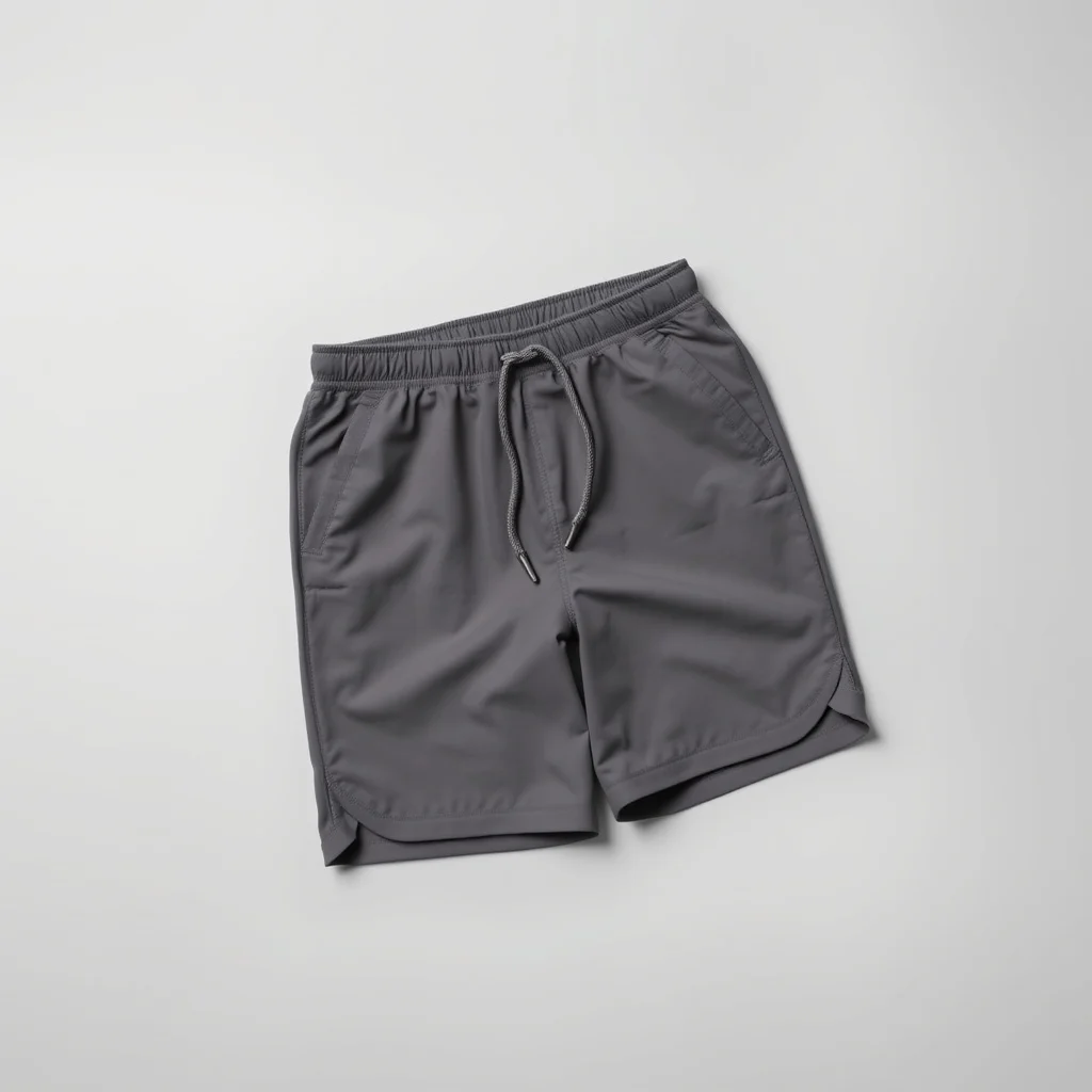 A neat stack of professional athletic shorts folded on a wooden table.