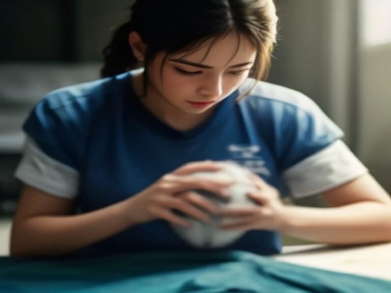 Factory worker inspecting the quality of a manufactured football jersey at the production line.