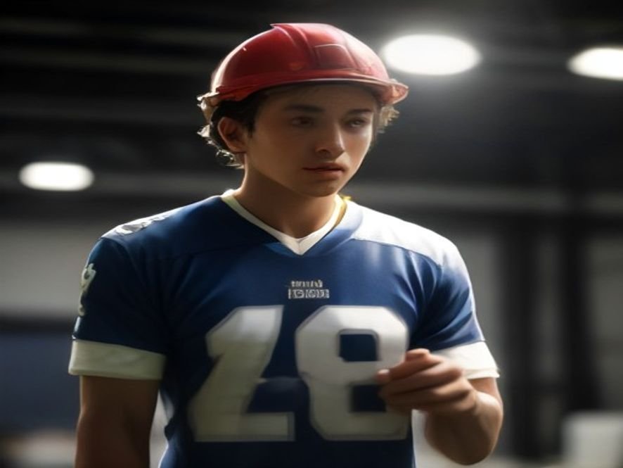 Factory worker performing quality control inspection on a finished football jersey.