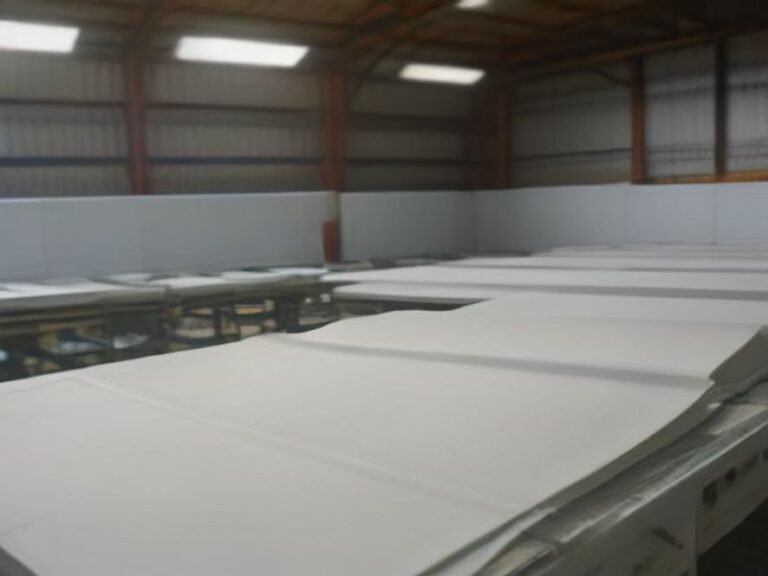 The Benjima factory floor showing prepared fabric panels ready for the assembly phase of team uniforms.