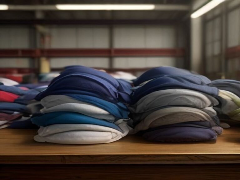 Stack of custom manufactured football team uniforms on a factory table