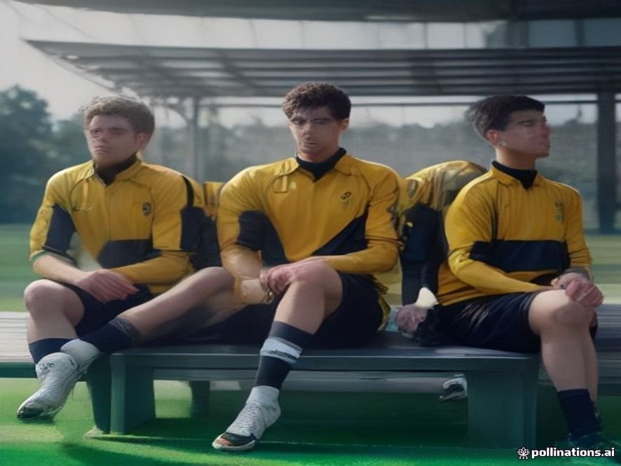 Photograph of a football club setup with players in training tops, coaches in polos, and staff in jackets beside organized teamwear on a bench